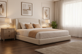 Beige upholstered bed with brown accent on a white background