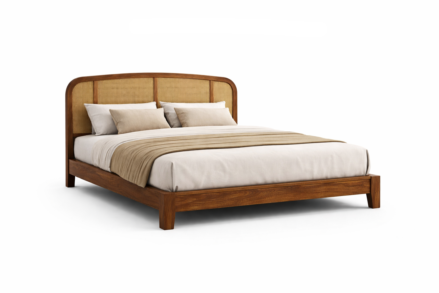 Wooden bed with beige bedding on a white background, labeled 'Caldera Solid Wood Bed'.