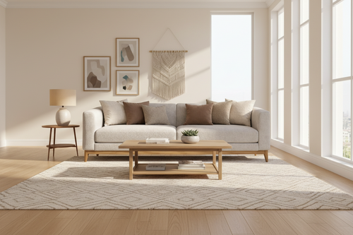 Gray sofa with brown and beige cushions on a white background